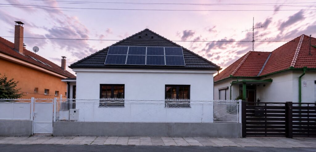 Napelemekkel felszerelt családi ház tetője